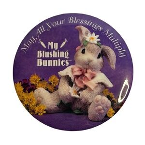 VTG Enesco Pinback Button Purple My Blushing Bunnies Easter Blessings Multiply